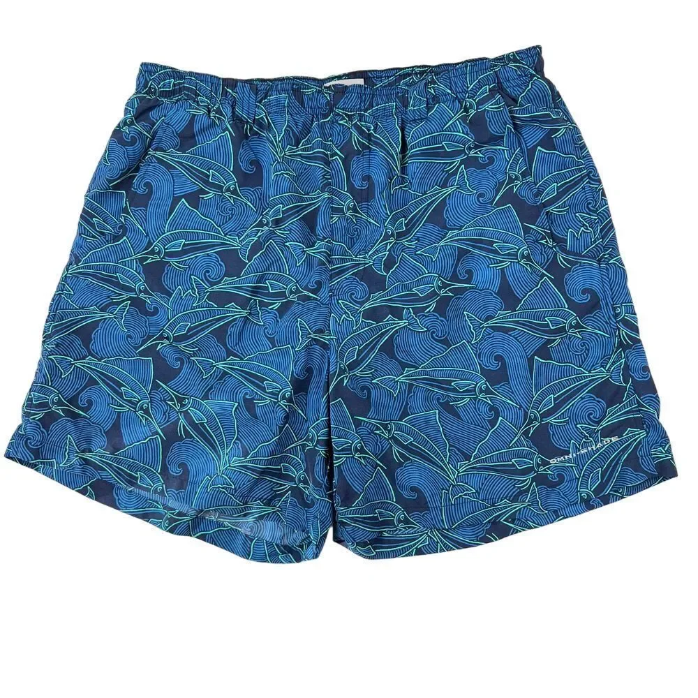 COLUMBIA Blue Marlin Print Swim Trunk Elastic Waist with Lining‎ Size Medium